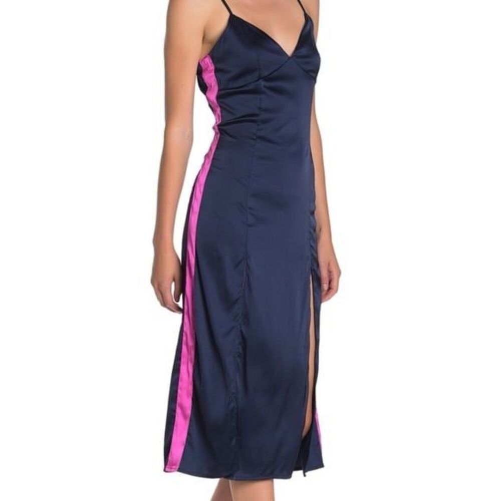Navy V-neck Satin Midi Dress